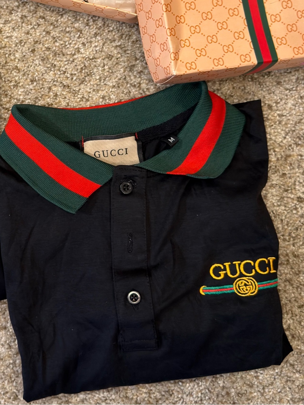 Black Short-Sleeve Polo with Green and Red Stripe Collar